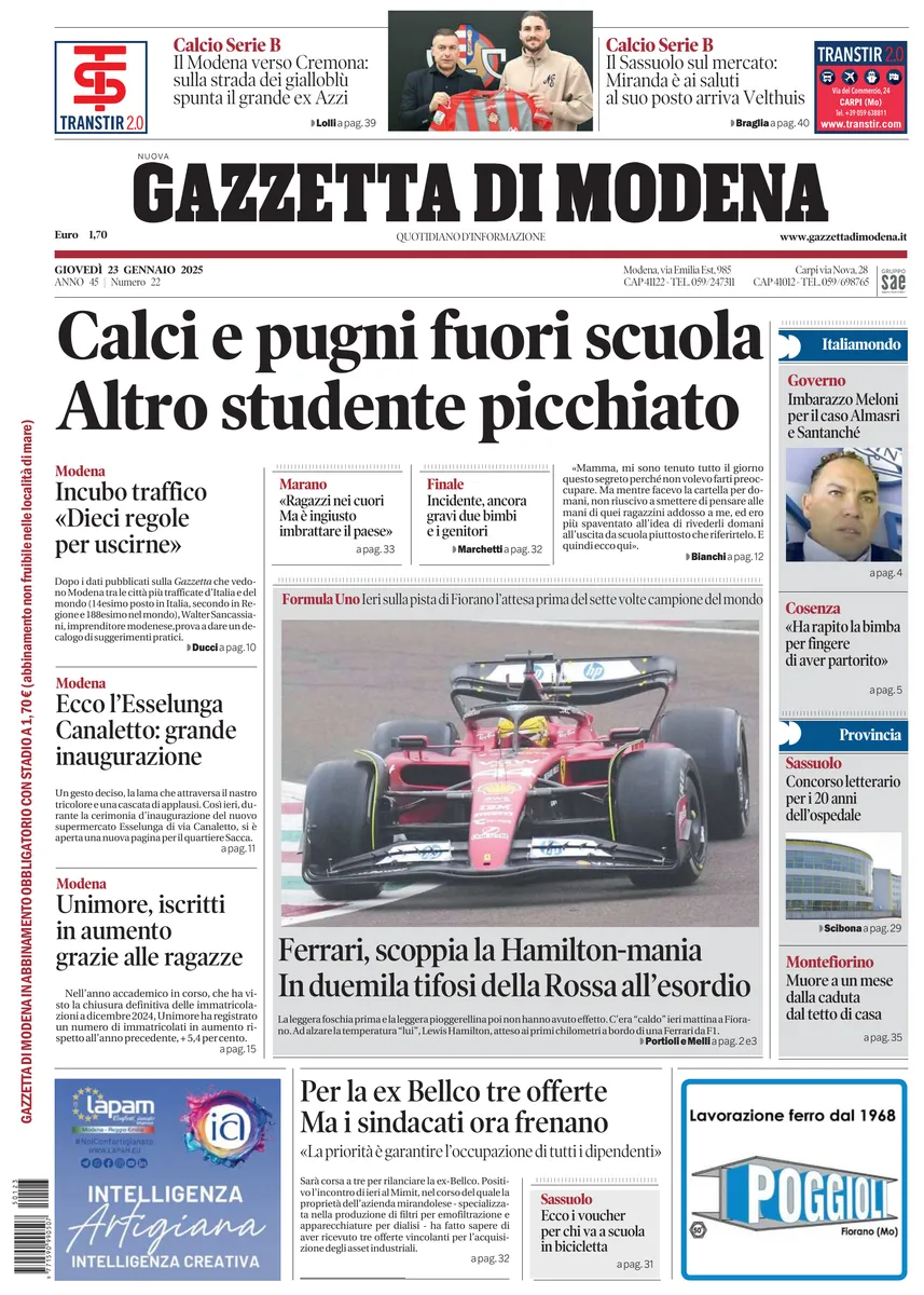 Prima-pagina-gazzetta di modena-oggi-edizione-del-2025-01-23